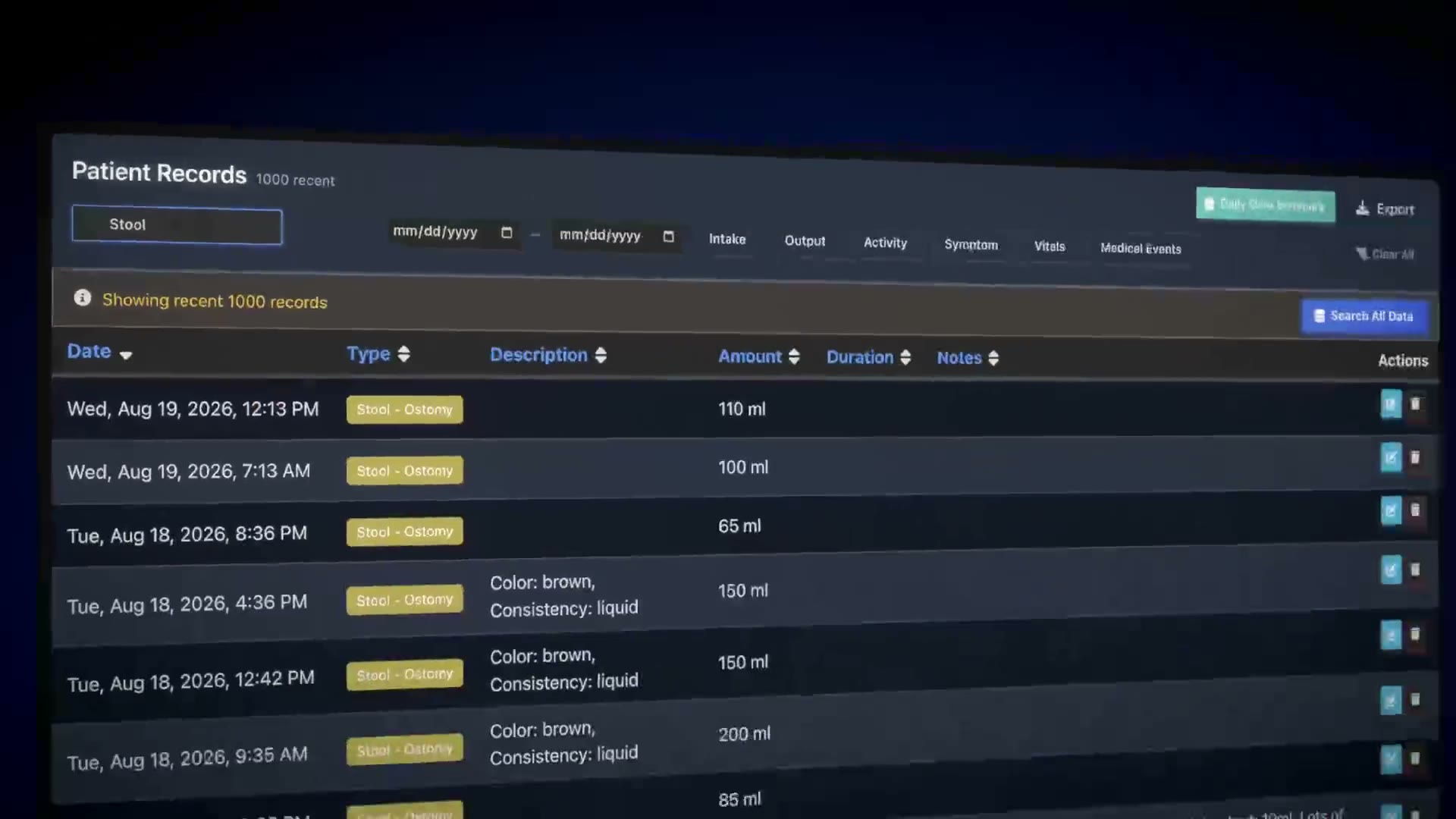 Patient records filtered by search term and exported